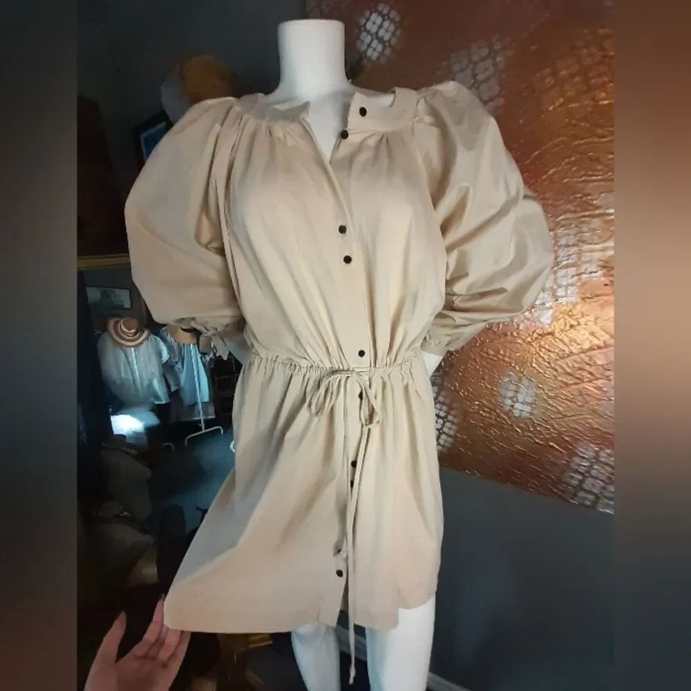 Zara Beige 100% Cotton Puff Sleeve Button-Down Mini Dress